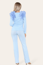 Load image into Gallery viewer, Ruffle Frill Shoulder Ribbed Loungewear Co-Ord Top &amp; Trouser Set
