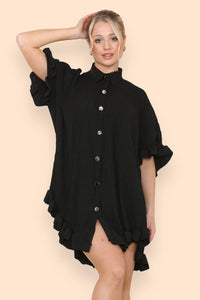 Oversized Italian Gold Button Pleated Frill Ruffle Dress Top
