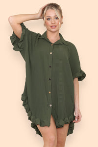 Oversized Italian Gold Button Pleated Frill Ruffle Dress Top