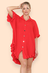 Oversized Italian Gold Button Pleated Frill Ruffle Dress Top