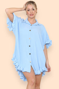 Oversized Italian Gold Button Pleated Frill Ruffle Dress Top