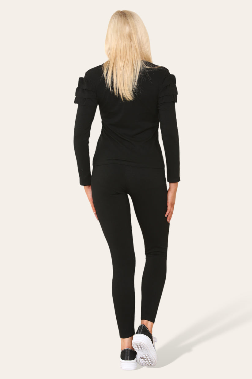 Frilled Sleeves Shoulder Golden Button Lounge Wear Set