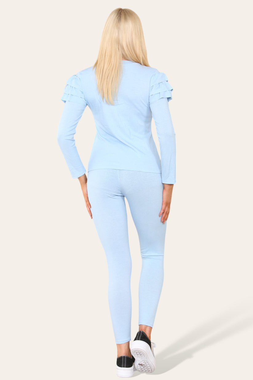 Frilled Sleeves Shoulder Golden Button Lounge Wear Set