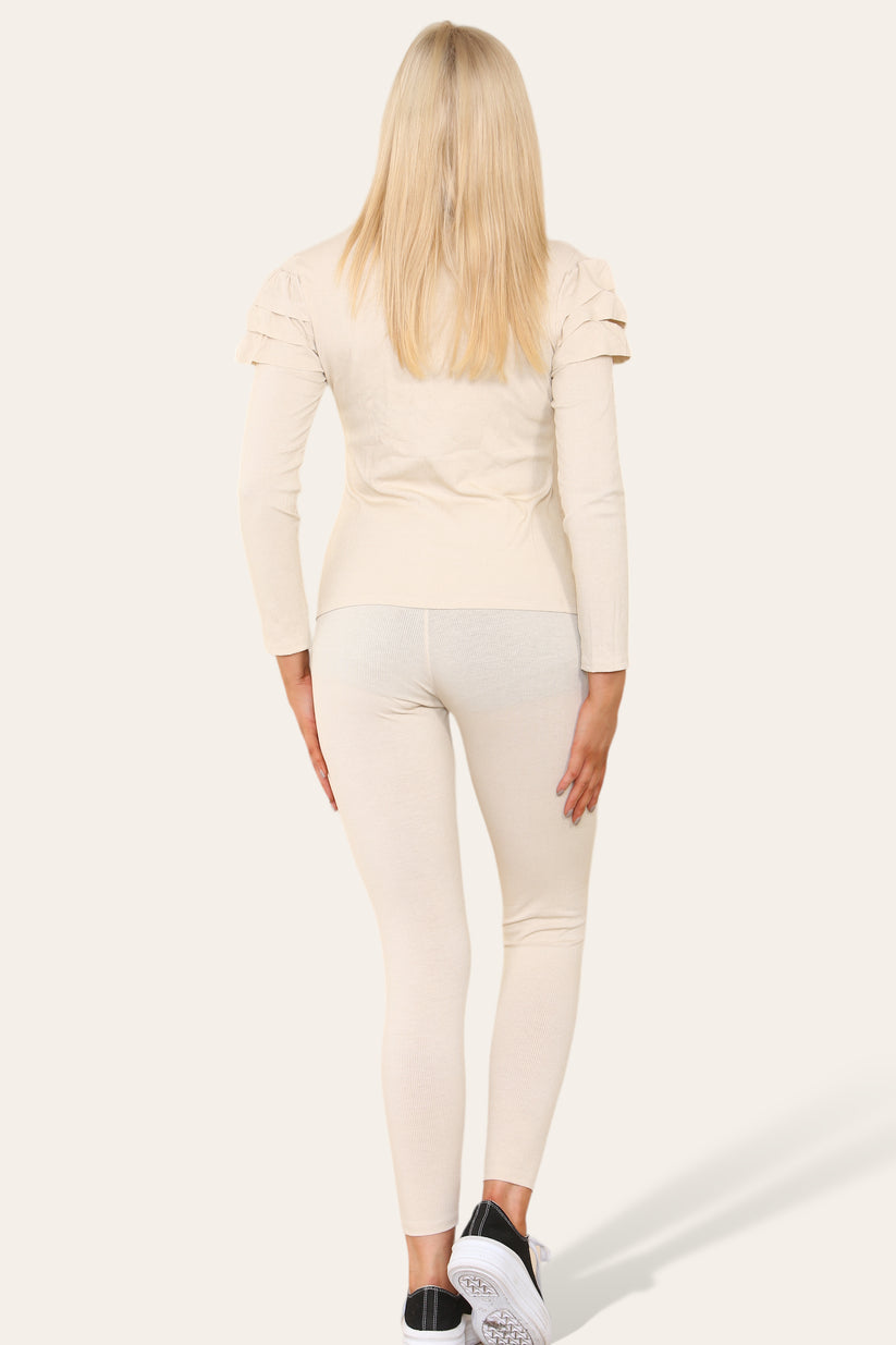 Frilled Sleeves Shoulder Golden Button Lounge Wear Set