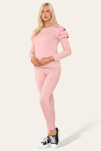 Frilled Sleeves Shoulder Golden Button Lounge Wear Set