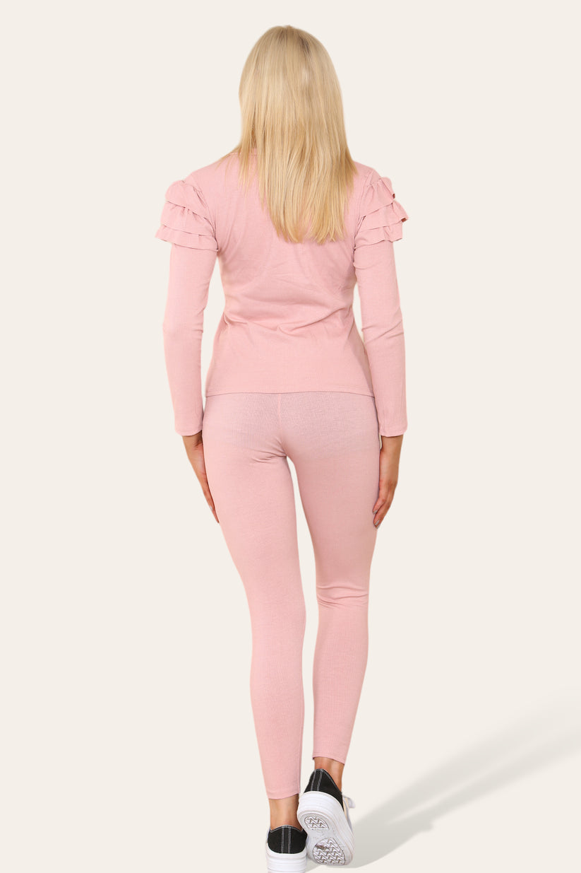 Frilled Sleeves Shoulder Golden Button Lounge Wear Set