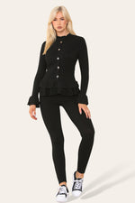 Load image into Gallery viewer, Long Sleeves Peplum Front Buttons Frilled Hem Lounge Wear Set
