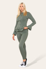 Load image into Gallery viewer, Long Sleeves Peplum Front Buttons Frilled Hem Lounge Wear Set
