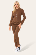 Load image into Gallery viewer, Long Sleeves Peplum Front Buttons Frilled Hem Lounge Wear Set
