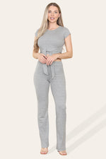 Load image into Gallery viewer, Tie Belt Front Cropped Loungewear Ribbed Trousers Set
