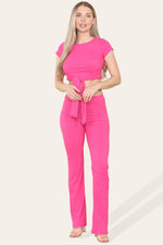Load image into Gallery viewer, Tie Belt Front Cropped Loungewear Ribbed Trousers Set
