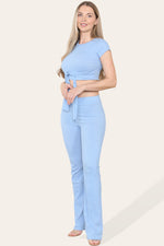 Load image into Gallery viewer, Tie Belt Front Cropped Loungewear Ribbed Trousers Set
