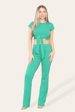 Load image into Gallery viewer, Tie Belt Front Cropped Loungewear Ribbed Trousers Set
