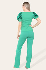 Load image into Gallery viewer, Silky Satin Puff Sleeves Ribbed Lounge Set
