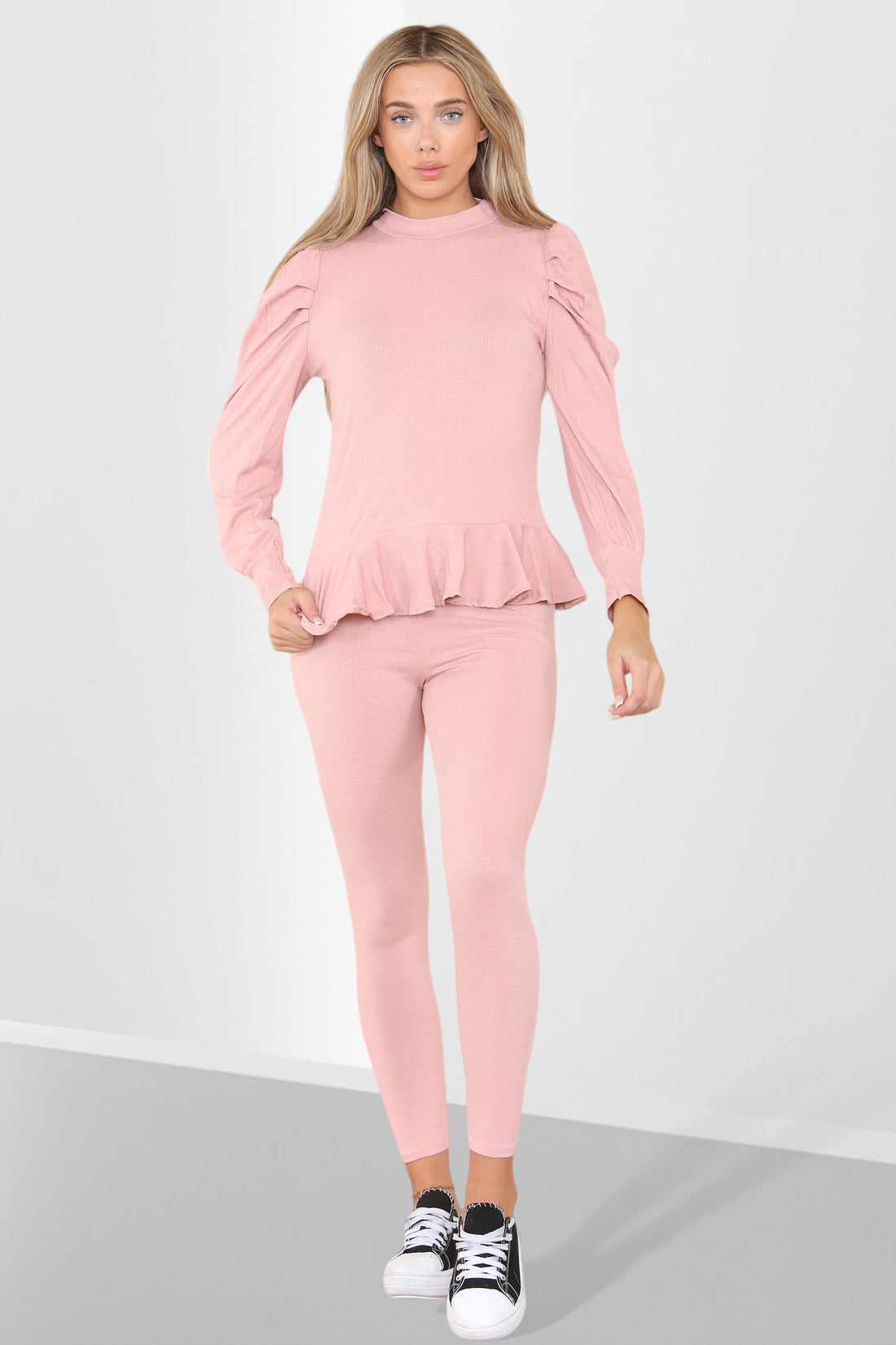 Puff Sleeves Set Frill Hem Peplum Ribbed Lounge Wear Set