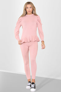 Puff Sleeves Set Frill Hem Peplum Ribbed Lounge Wear Set