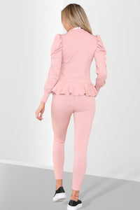 Puff Sleeves Set Frill Hem Peplum Ribbed Lounge Wear Set