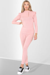 Side Buttons Frill Shoulder Two Piece Loungewear Set