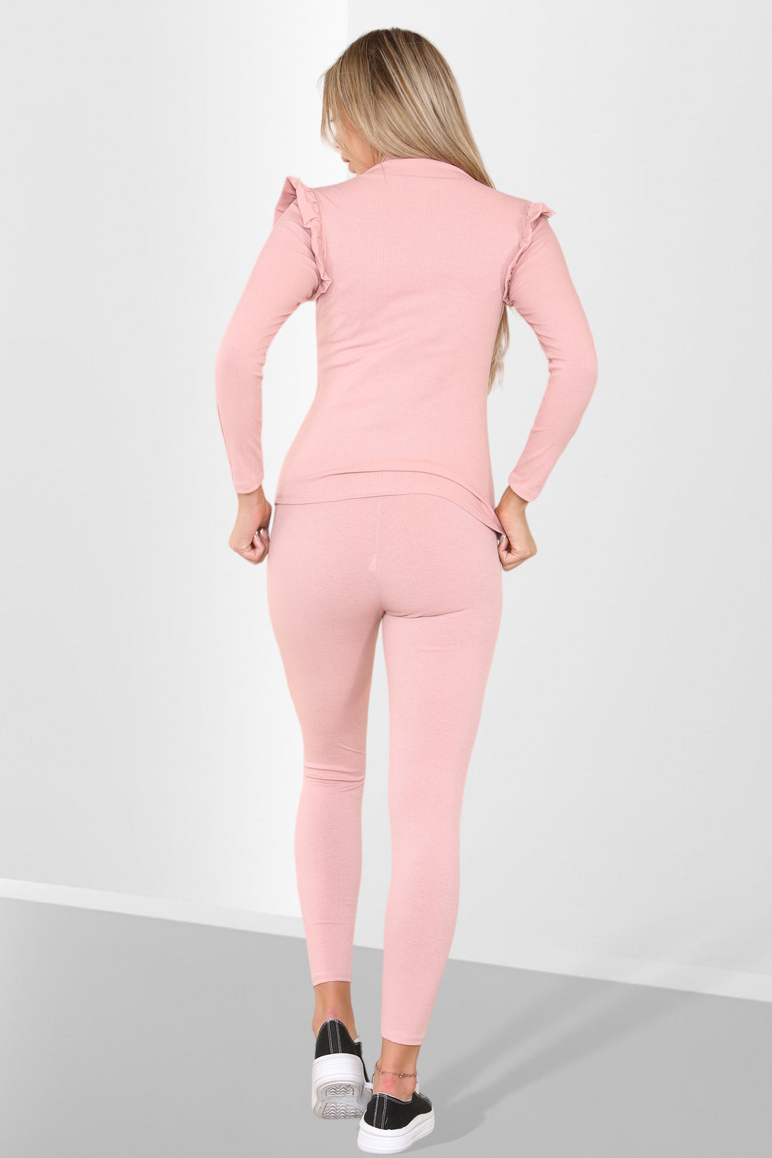 Side Buttons Frill Shoulder Two Piece Loungewear Set