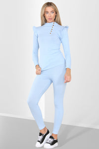 Side Buttons Frill Shoulder Two Piece Loungewear Set