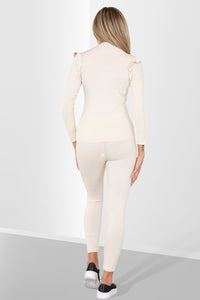 Side Buttons Frill Shoulder Two Piece Loungewear Set