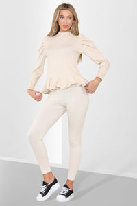 Puff Sleeves Set Frill Hem Peplum Ribbed Lounge Wear Set
