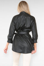 Load image into Gallery viewer, PU Faux Leather Belted Wet Look Shirt Dress
