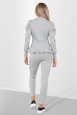 Load image into Gallery viewer, Puff Sleeves Set Frill Hem Peplum Ribbed Lounge Wear Set
