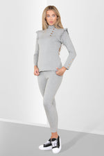 Load image into Gallery viewer, Side Buttons Frill Shoulder Two Piece Loungewear Set
