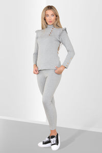 Side Buttons Frill Shoulder Two Piece Loungewear Set