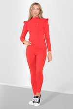 Load image into Gallery viewer, Side Buttons Frill Shoulder Two Piece Loungewear Set
