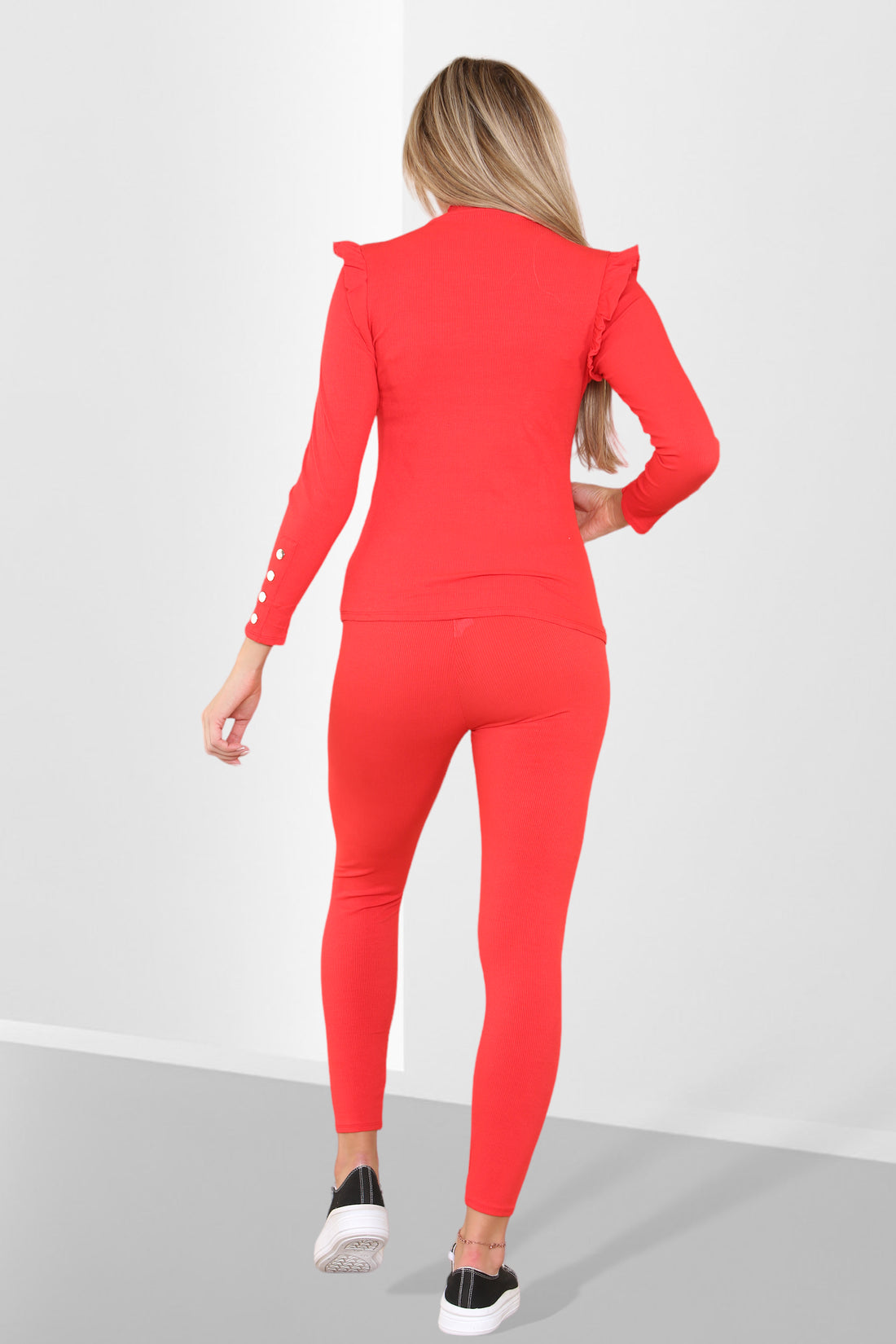 Side Buttons Frill Shoulder Two Piece Loungewear Set
