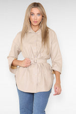 Load image into Gallery viewer, PU Faux Leather Belted Wet Look Shirt Dress
