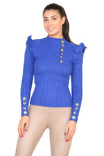 Load image into Gallery viewer, Ribbed Knit Gold Button Detail Jumper with Frill
