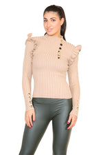 Load image into Gallery viewer, Ribbed Knit Gold Button Detail Jumper with Frill
