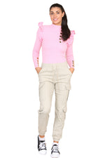 Load image into Gallery viewer, Ribbed Knit Gold Button Detail Jumper with Frill
