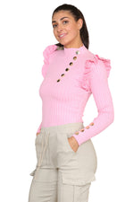 Load image into Gallery viewer, Ribbed Knit Gold Button Detail Jumper with Frill
