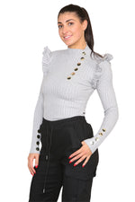 Load image into Gallery viewer, Ribbed Knit Gold Button Detail Jumper with Frill
