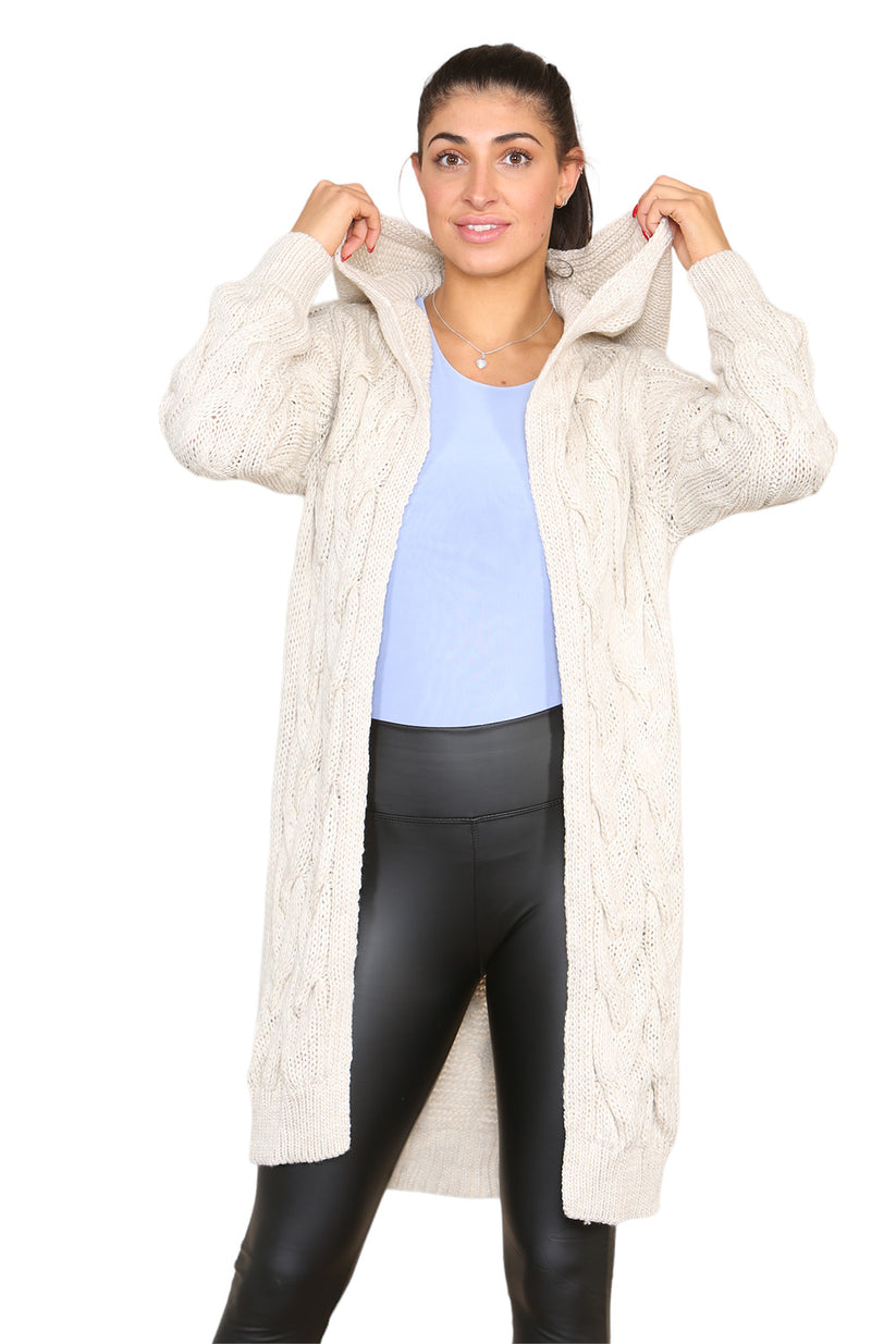 Knitted Cables Hooded Long Over-Sized Cardigan