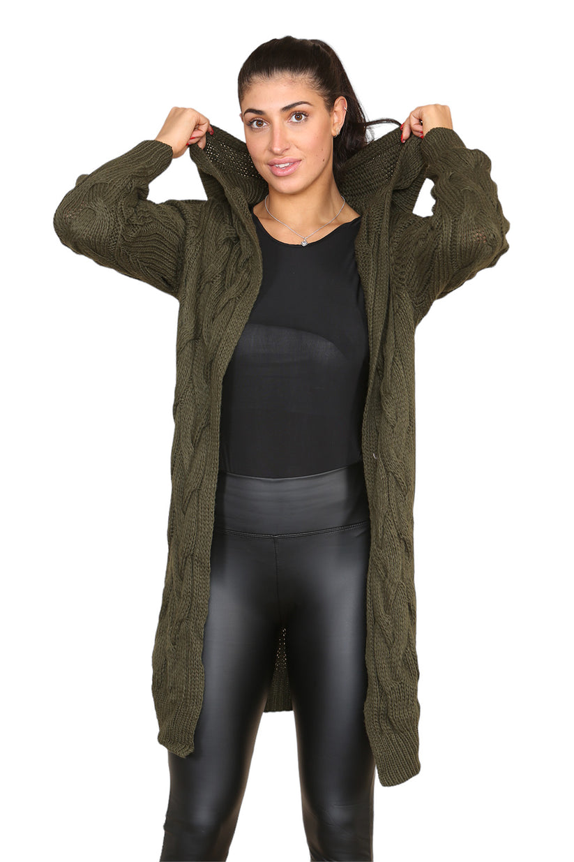 Knitted Cables Hooded Long Over-Sized Cardigan