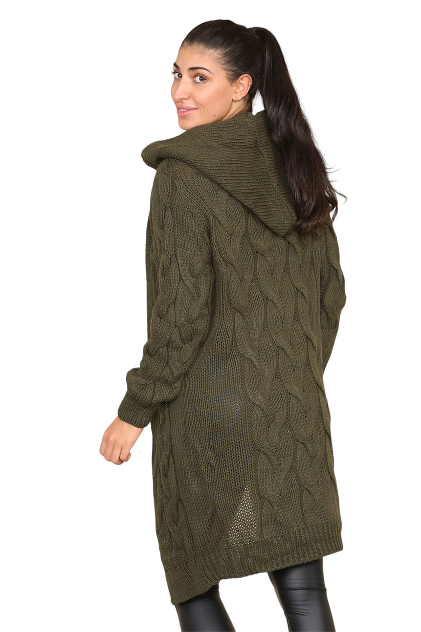 Knitted Cables Hooded Long Over-Sized Cardigan
