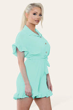 Load image into Gallery viewer, Pleated Ruffle Shirt Short Playsuit With Frill Hems
