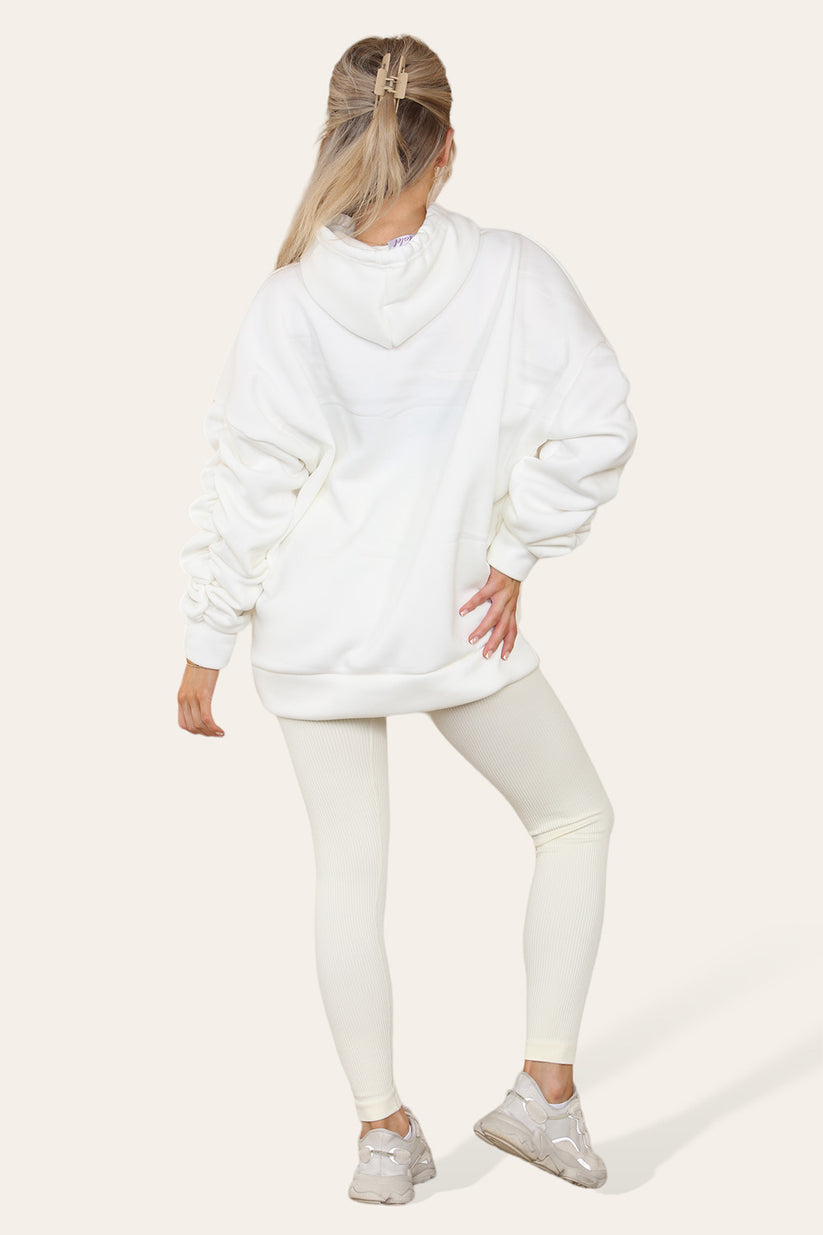 Curve Set Ruched Sleeves Hoodie With Satin Ribbon & High Waist Ribbed Leggings