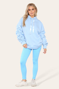 Curve Set Ruched Sleeves Hoodie With Satin Ribbon & High Waist Ribbed Leggings