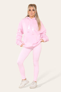 Curve Set Ruched Sleeves Hoodie With Satin Ribbon & High Waist Ribbed Leggings
