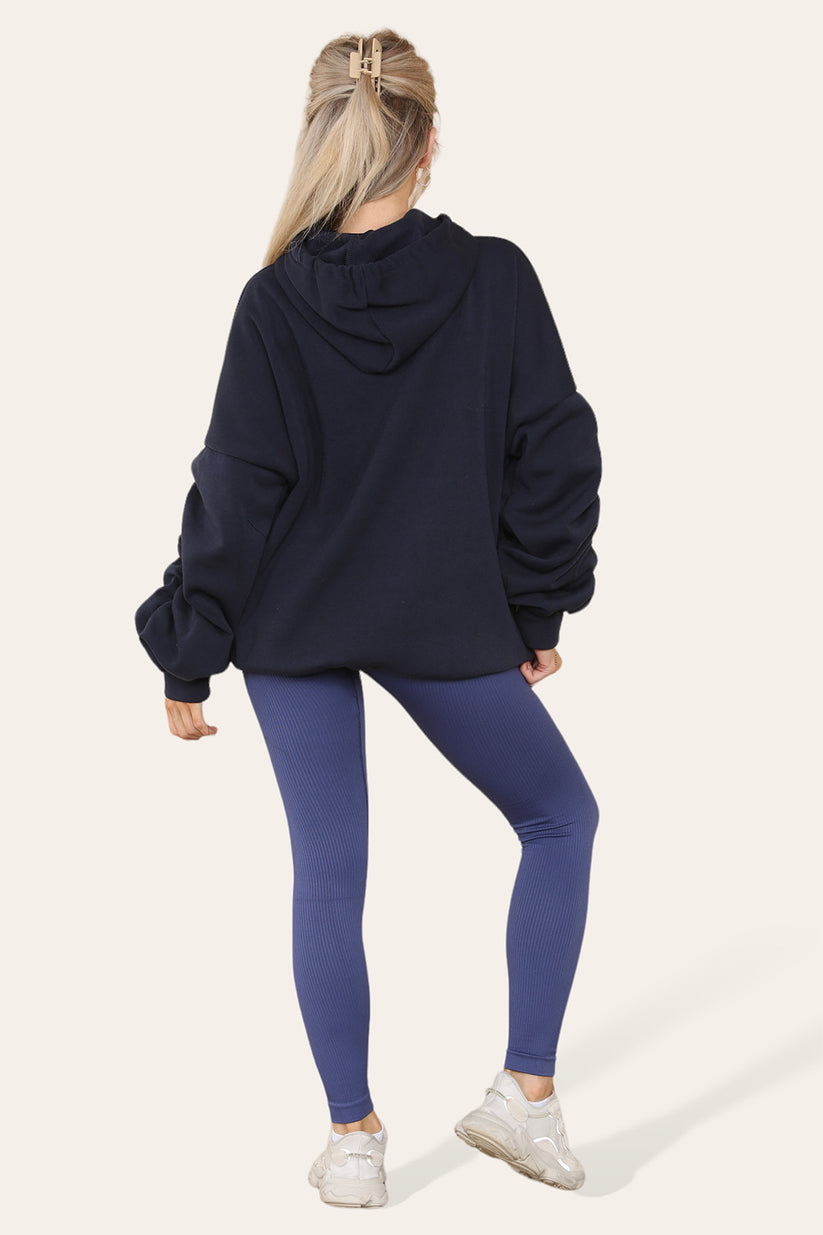 Curve Set Ruched Sleeves Hoodie With Satin Ribbon & High Waist Ribbed Leggings