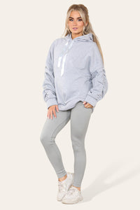 Curve Set Ruched Sleeves Hoodie With Satin Ribbon & High Waist Ribbed Leggings