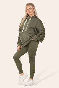 Curve Set Ruched Sleeves Hoodie With Satin Ribbon & High Waist Ribbed Leggings