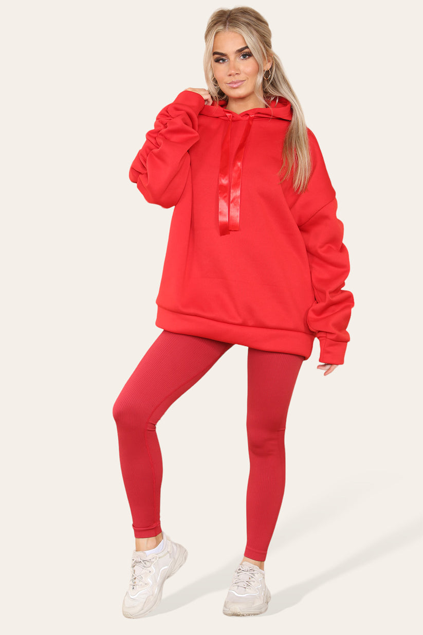 Curve Set Ruched Sleeves Hoodie With Satin Ribbon & High Waist Ribbed Leggings