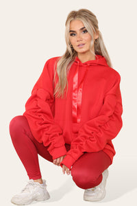 Curve Set Ruched Sleeves Hoodie With Satin Ribbon & High Waist Ribbed Leggings